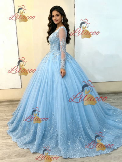 Ligh Blue Tulle Appliques Quinceanera Dress