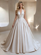 Ivory Satin V-neck Pleats Wedding Dress