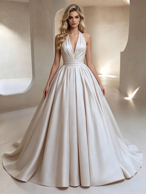 Ivory Satin V-neck Pleats Wedding Dress