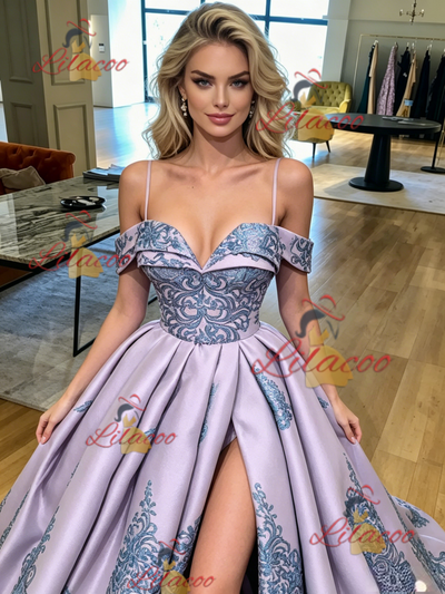 Purple Satin Spaghetti Straps Appliques Prom Dress