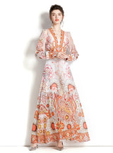 Retro Deep V-neck Lantern Sleeve Printed Dress