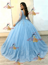Ligh Blue Tulle Appliques Quinceanera Dress