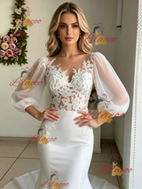 White Mermaid Puff Sleeve Lace Wedding Dress
