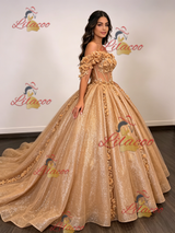 Champagne Gold Sequins Appliques Quinceanera Dress