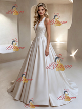 Ivory Satin V-neck Pleats Wedding Dress