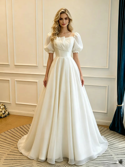 White Square Neck Puff Sleeve Wedding Dress