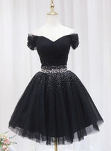 Black Tulle Pleats Beading Homecoming Dress