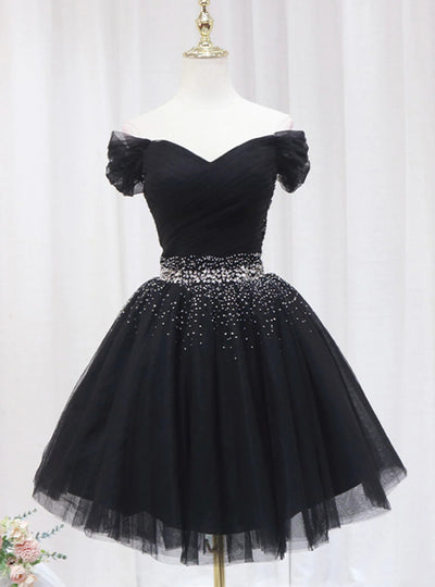 Black Tulle Pleats Beading Homecoming Dress