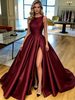 Burgundy Satin Split Pleats Prom Dress