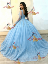 Ligh Blue Tulle Appliques Quinceanera Dress