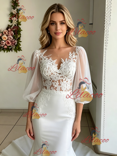 White Mermaid Puff Sleeve Lace Wedding Dress