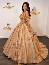Champagne Gold Sequins Appliques Quinceanera Dress