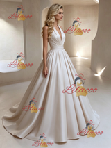 Ivory Satin V-neck Pleats Wedding Dress