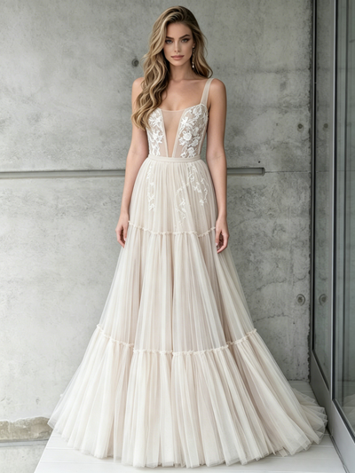 Ivory Tulle Lace Straps Wedding Dress