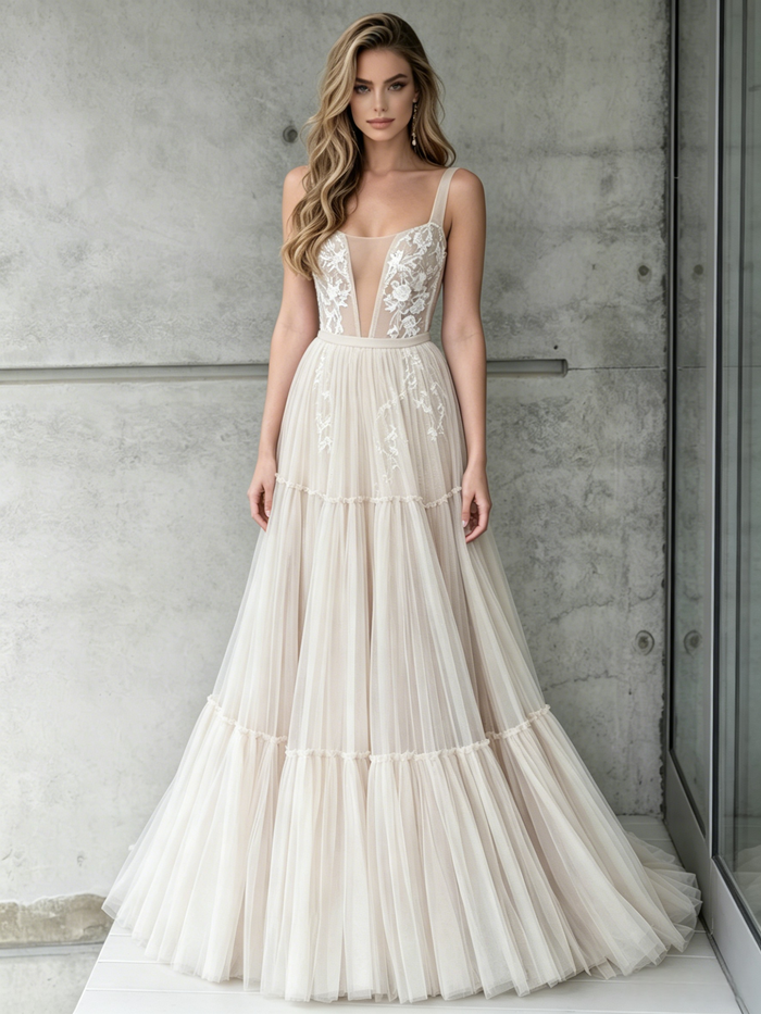 Ivory Tulle Lace Straps Wedding Dress