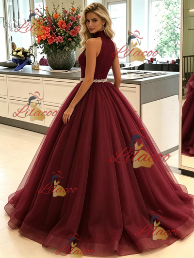 Bugundy Tuller Halter Prom Dress