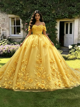 Yellow Tulle Off the Shoulder 3D Appliques Quinceanera Dress