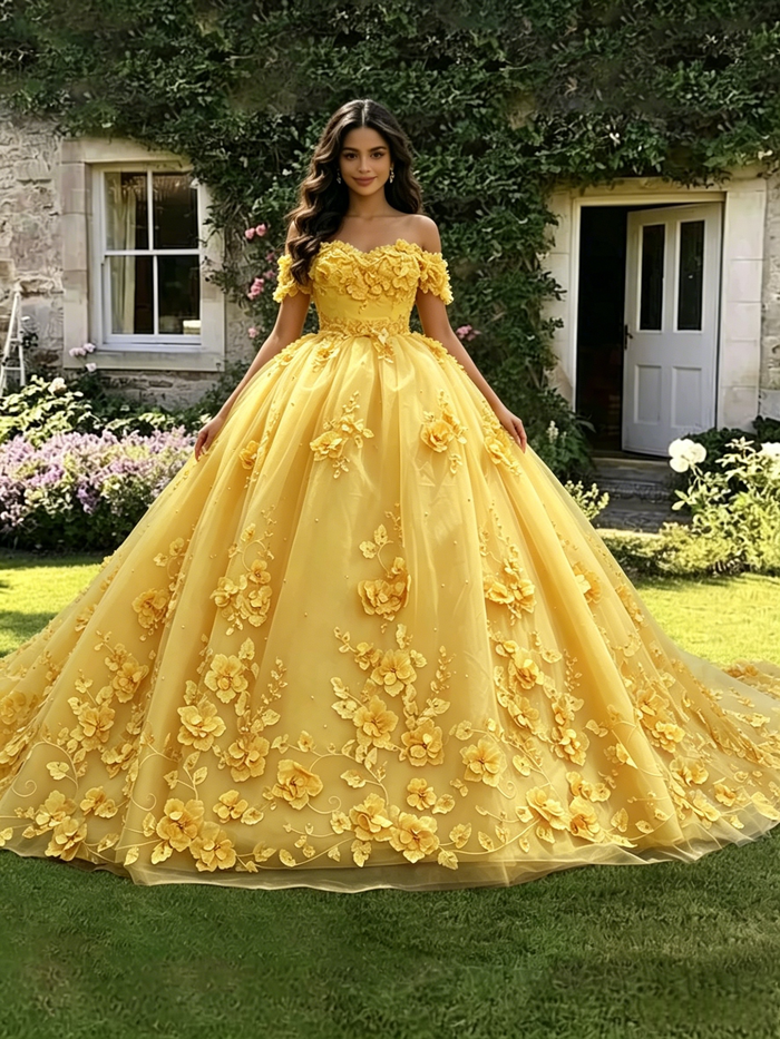 Yellow Tulle Off the Shoulder 3D Appliques Quinceanera Dress