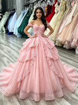 Pink Tulle Off the Shoulder Appliques Quinceanera Dress