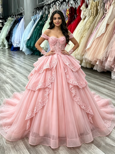 Pink Tulle Off the Shoulder Appliques Quinceanera Dress