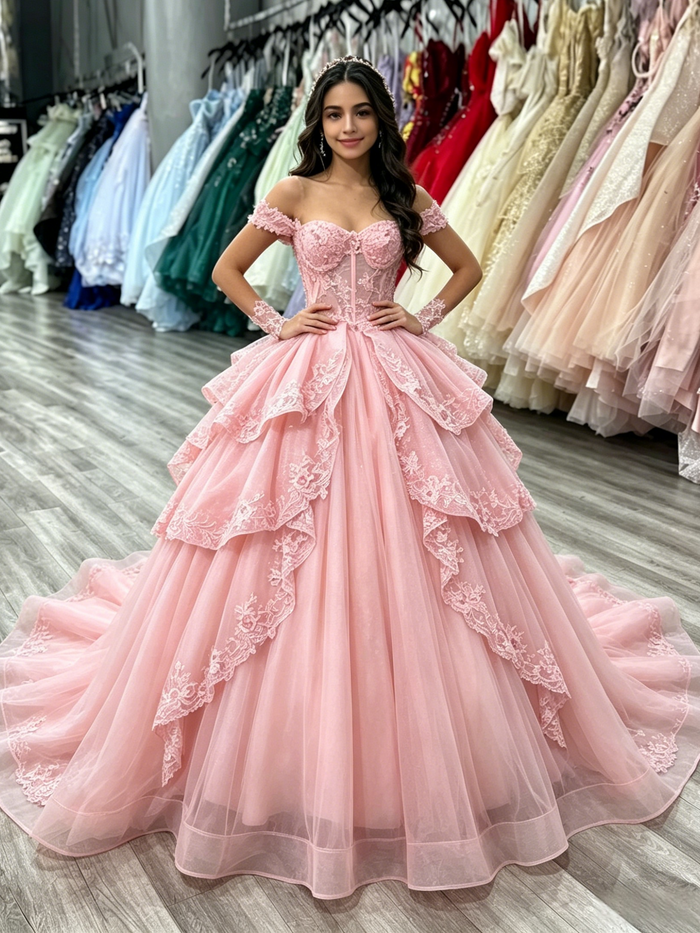 Pink Tulle Off the Shoulder Appliques Quinceanera Dress