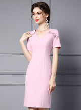 Pink V-neck Short Sleeve Mother Of The Bride Dress