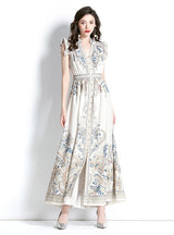 Retro Palace Style V-neck Printed Dress