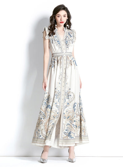 Retro Palace Style V-neck Printed Dress