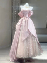 Pink Satin Tulle Pearls Prom Dress