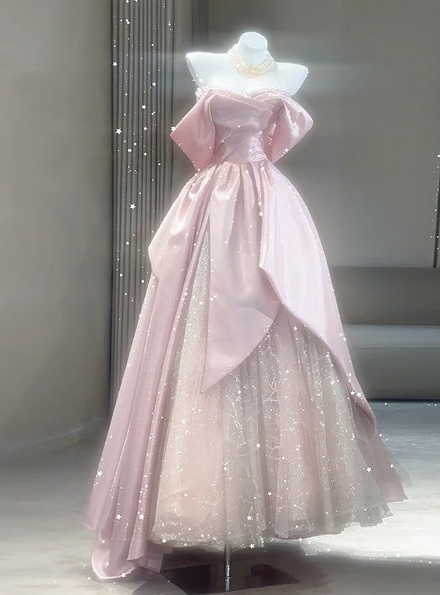 Pink Satin Tulle Pearls Prom Dress