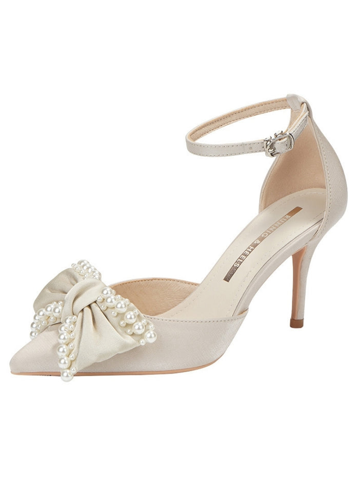 One-button Pearl Bow High Heels Shoes
