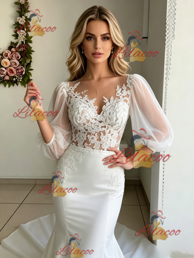 White Mermaid Puff Sleeve Lace Wedding Dress