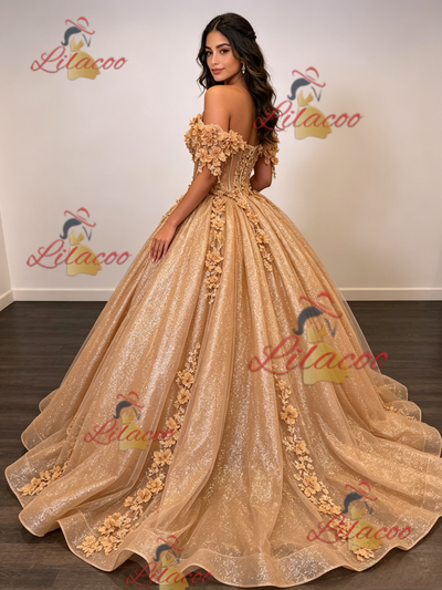 Champagne Gold Sequins Appliques Quinceanera Dress