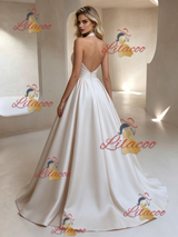 Ivory Satin V-neck Pleats Wedding Dress