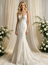 Beige White Mermaid Tulle Appliques Wedidng Dress