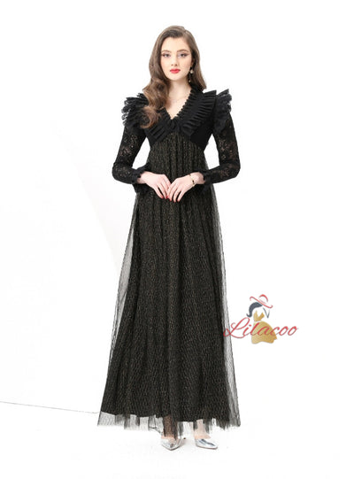 Horn Sleeve Mesh Stitching Long Dress