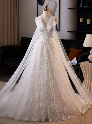 White Lace V-neck Backless Wedding Dress