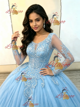 Ligh Blue Tulle Appliques Quinceanera Dress