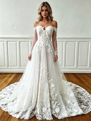 White Tulle Appliques Long Sleeve Wedding Dress