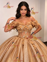 Champagne Gold Sequins Appliques Quinceanera Dress