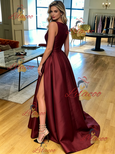Burgundy Satin Split Pleats Prom Dress