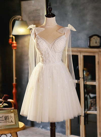 Ivory White Straps Tulle Beading Homecoming Dress