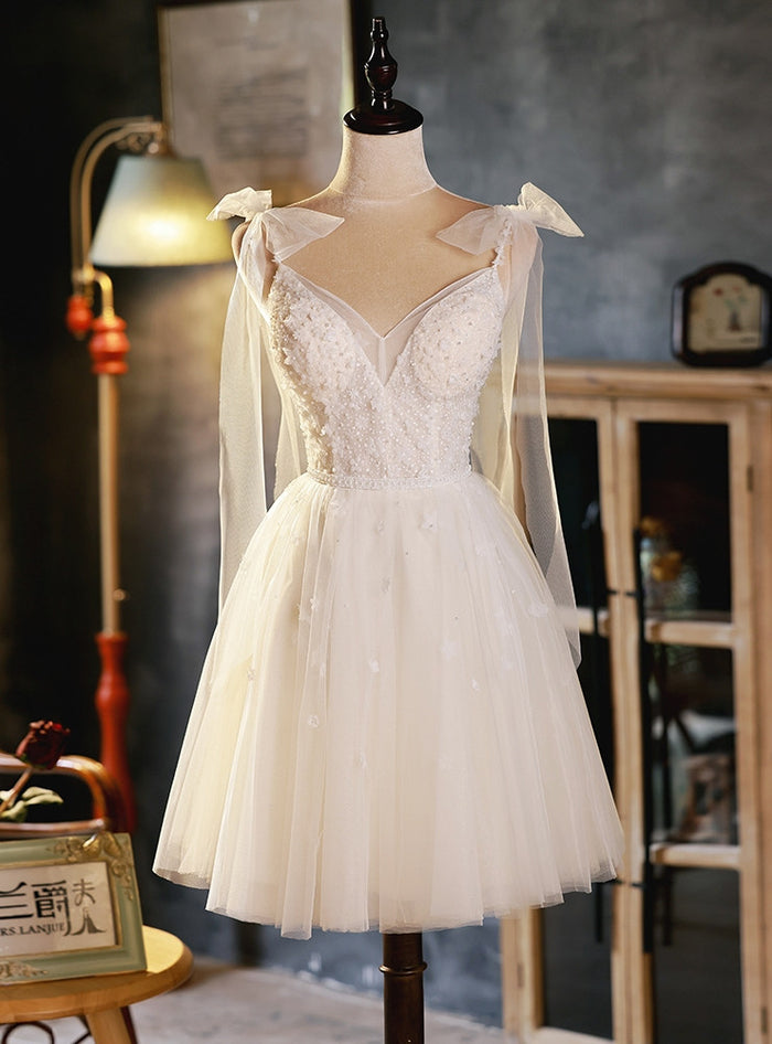 Ivory White Straps Tulle Beading Homecoming Dress