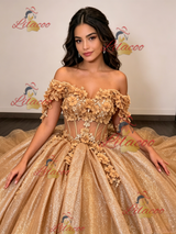 Champagne Gold Sequins Appliques Quinceanera Dress