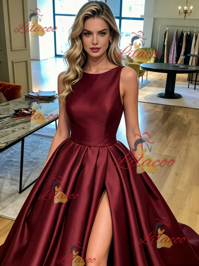 Burgundy Satin Split Pleats Prom Dress