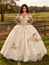 Cahmpagne Tulle Appliques Off the Shoulder Quinceanera Dress