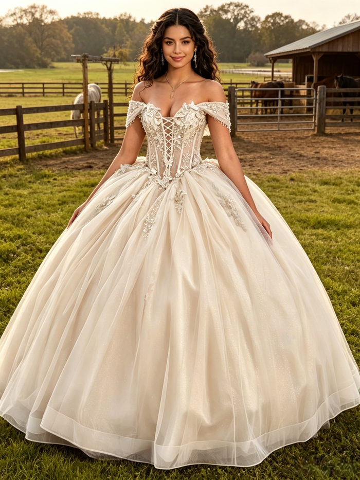 Cahmpagne Tulle Appliques Off the Shoulder Quinceanera Dress