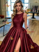 Burgundy Satin Split Pleats Prom Dress