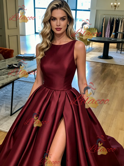 Burgundy Satin Split Pleats Prom Dress