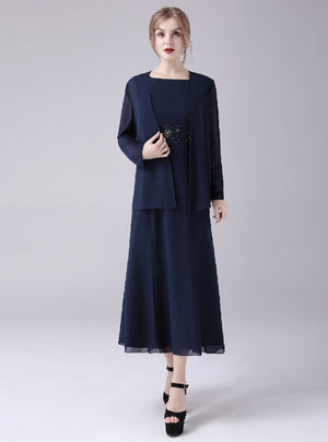 Navy Blue Chiffon Beading Mother Of The Bride Dress